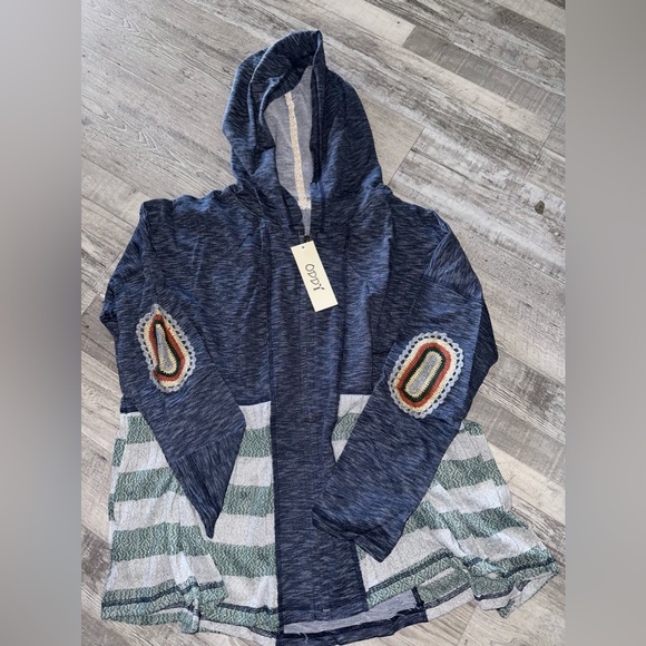 NWT ODDY Women's Blue Full Frontal Zip Stripped Boho Hoodie Sweater Size S - Picture 7 of 12